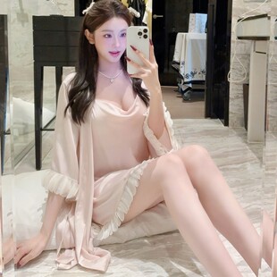 春夏季冰雪丝性感纯欲风带胸垫吊带短裤睡袍二件套花瓣睡衣女高级