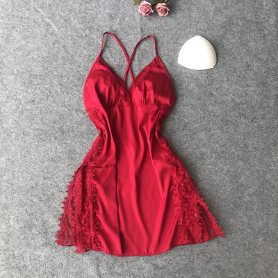 蕾丝腰部镂空吊带裙薄纱家居服