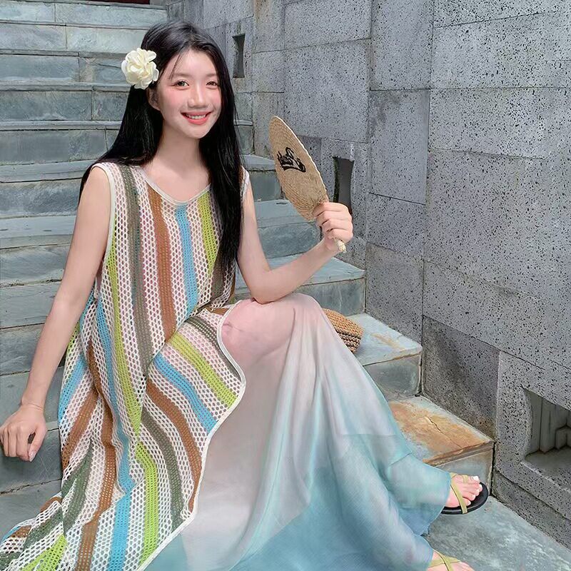 彩虹条超仙连衣裙女罩衫两件套2026夏季新款渐变色吊带长裙减龄