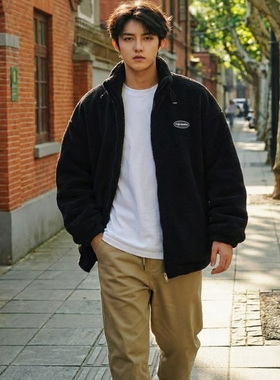 外套男加厚2026春季冬季新款羊羔绒宽松休闲潮流保暖立领拉链上衣