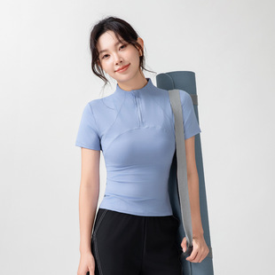 新品半拉链瑜伽服短袖上衣女夏修身速干透气遮肚不带胸垫跑步上衣
