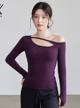 新款瑜伽服女镂空长袖T恤秋季斜领内搭露肩上衣显瘦连体运动套装