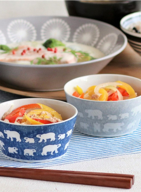 日本进口美浓烧minoru手绘风格北极熊彩釉平口大碗饭碗汤碗甜品碗