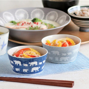 日本进口美浓烧minoru手绘风格北极熊彩釉平口大碗饭碗汤碗甜品碗