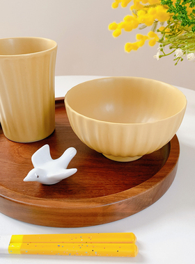 日本进口minoru美浓烧金合欢色雾面纹理陶瓷饭碗汤吞茶杯家用餐具