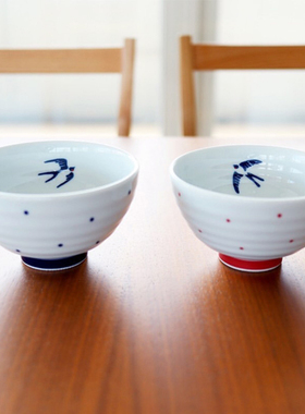 日本进口Bisque水玉燕子清新陶瓷米饭碗汤吞手握茶杯日式和风