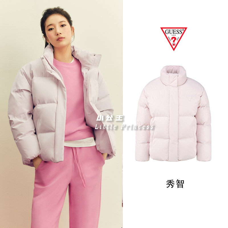 折扣秀智同款guess羽绒服短款面包服21秋鸭绒保暖立领加厚韩国