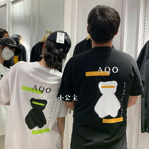 小公主韩国直邮2020新款aqo牛油果小熊半短袖T恤简约显瘦ins百搭