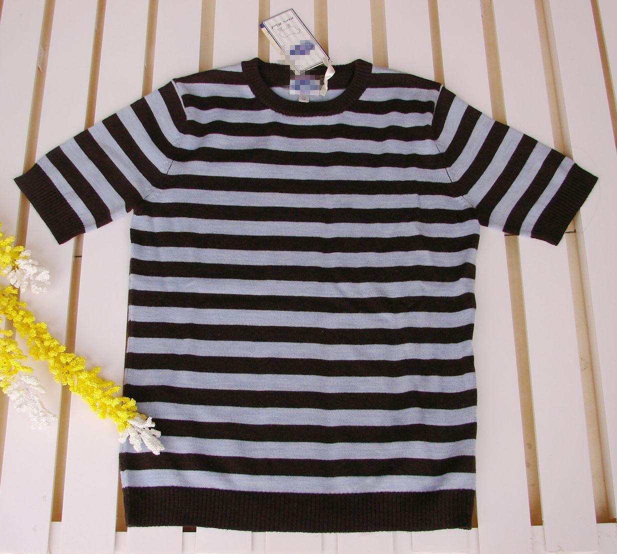 冲5钻特卖欧美原单蓝棕色横条短袖圆领休闲针织衫毛衣