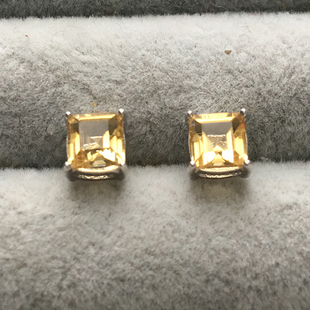方形 天然黄水晶 S925纯银镀白金耳钉 5MM 基础款