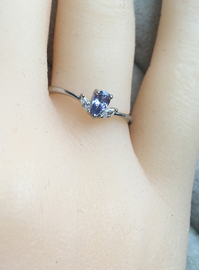 精致小巧款 迷你水滴天然坦桑石 S925纯银镀白金戒指指环