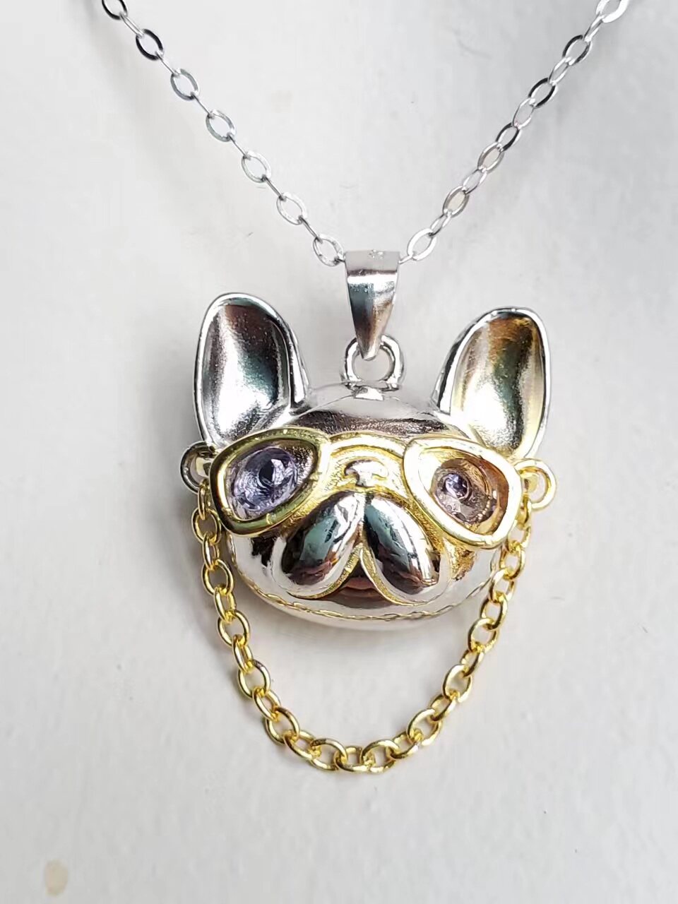 天然坦桑石眼睛 酷炫帅气斗牛犬 s925纯银双色电镀项链