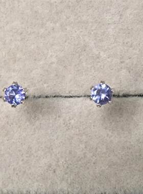 3mm 迷你天然坦桑石 S925纯银镀白金 耳钉 耳骨钉