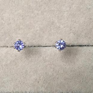 3mm 迷你天然坦桑石 S925纯银镀白金 耳钉 耳骨钉