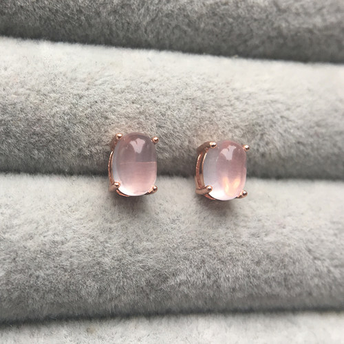 天然粉晶芙蓉石纯银玫瑰金耳钉