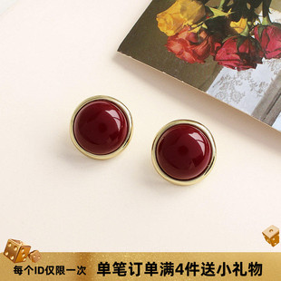 港星同款复古酒红色圆形耳钉高级感vintage港风耳夹摩登气质耳环