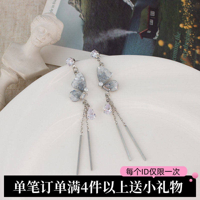 国风长款蝴蝶流苏耳夹蚊香盘无痛耳饰清冷感蓝色方圆脸耳环新中式