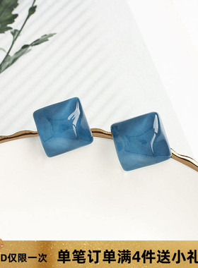 温柔蓝色简约几何方形气质耳钉夏天设计耳饰女韩国个性蚊香盘耳夹