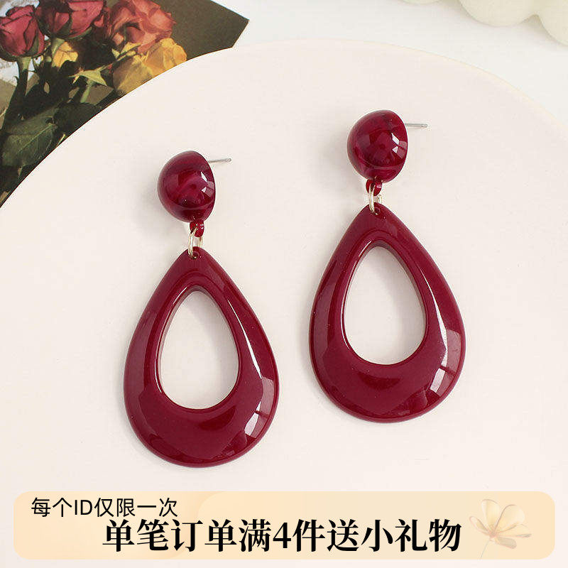 80年代大气酒红色镂空水滴大耳环港风美人复古法式宫廷耳夹耳饰女