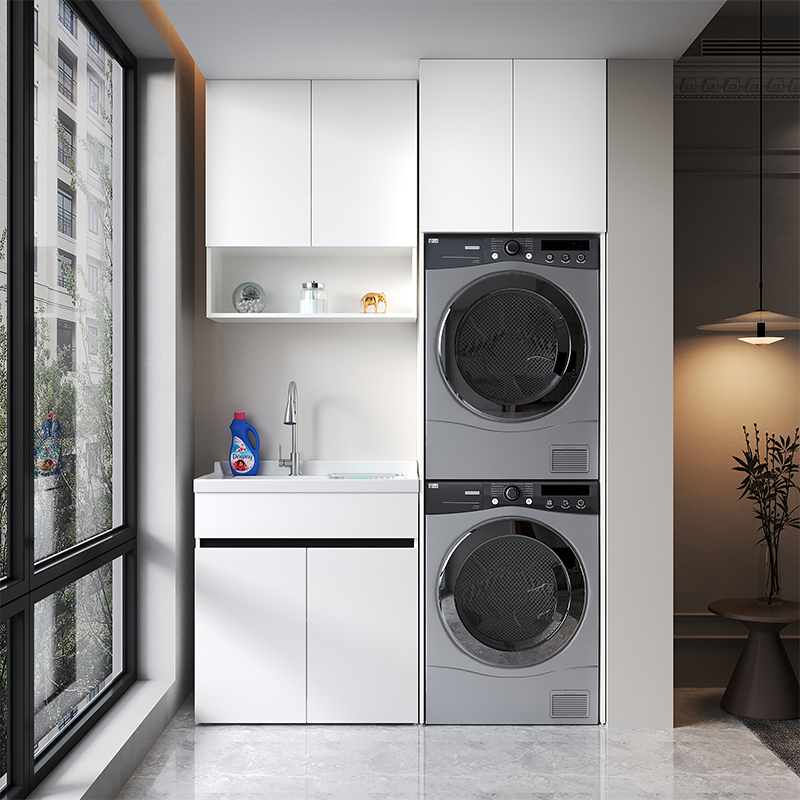 定制切角阳台蜂窝铝双洗衣机柜叠加烘干机柜室外水池组合带搓衣板