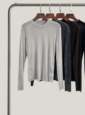 悦迷Art Nuts 简约的线条 秋冬圆领弹力丝绒打底显瘦长袖T恤