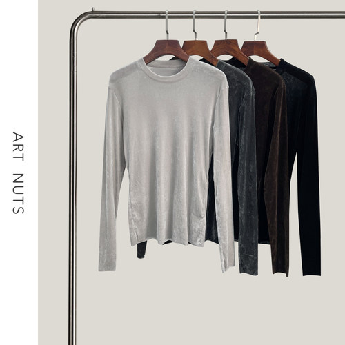 悦迷Art Nuts 简约的线条 秋冬圆领弹力丝绒打底显瘦长袖T恤