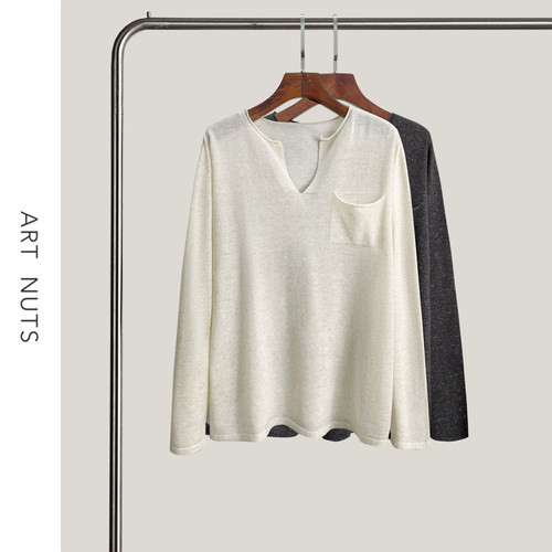 悦迷Art Nuts 简约的线条 松弛感老钱风V领早秋轻薄长袖T恤