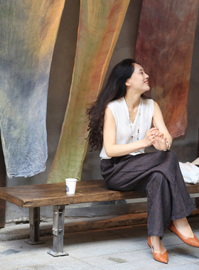 悦迷Art Nuts 清秋有信 色织亚麻咖色夹花老钱风阔腿松紧腰直筒裤