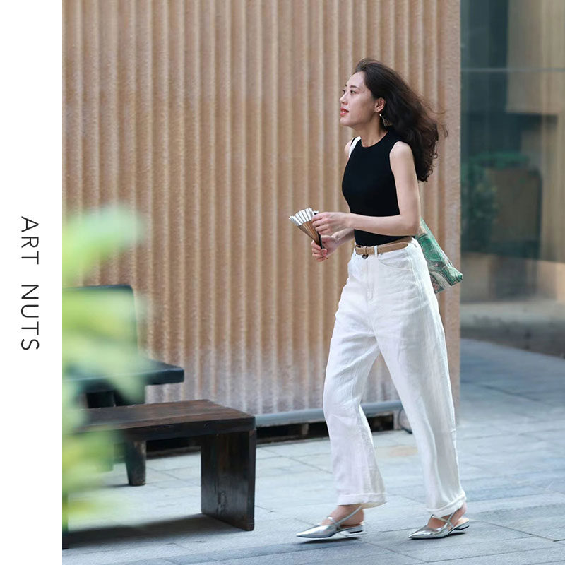 悦迷ArtNuts悠扬的书卷气 垂坠透气松弛感黑色白色雨露麻三色长裤