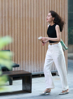 悦迷ArtNuts悠扬的书卷气 垂坠透气松弛感黑色白色雨露麻三色长裤