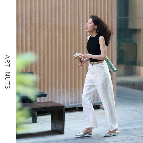 悦迷ArtNuts悠扬的书卷气 垂坠透气松弛感黑色白色雨露麻三色长裤