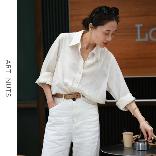 悦迷ArtNuts悠扬的书卷气 微光轻氧感小宽松气质米色白色长袖衬衣