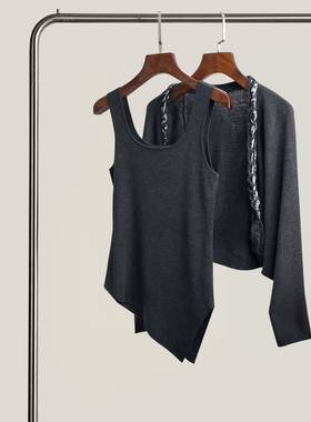 悦迷Art Nuts 简约的线条 设计感不规则灰色针织通勤两件套