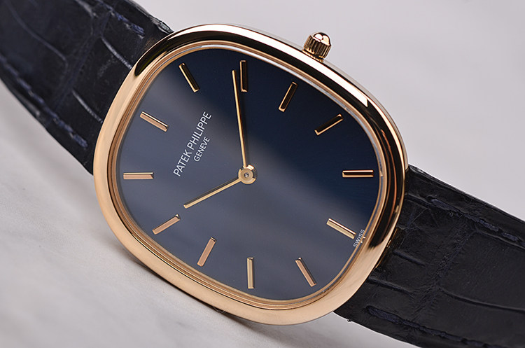 已售出【98新】百达翡丽黄金超薄蓝面自动机械皮带腕表3738/100J-012