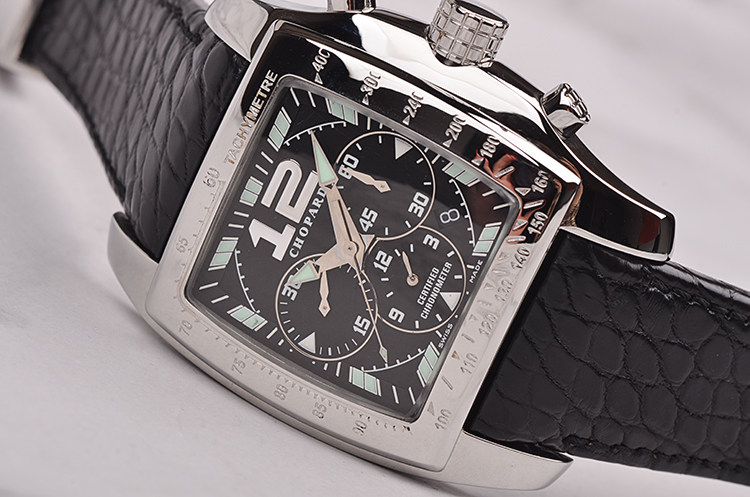 已售出【97新】萧邦方形黑盘计时日历自动机械折叠扣男表168961-3005