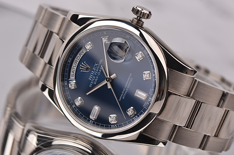 已售出【98新】劳力士DD全白金星期日历型蓝面刻度钻自动机械男表118209