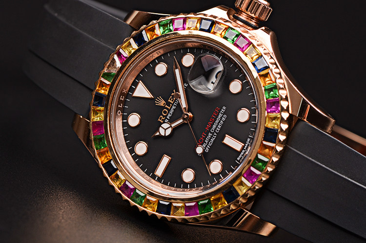 已售出【98新】劳力士游艇名仕型玫瑰金后镶彩虹圈自动机械男表116655