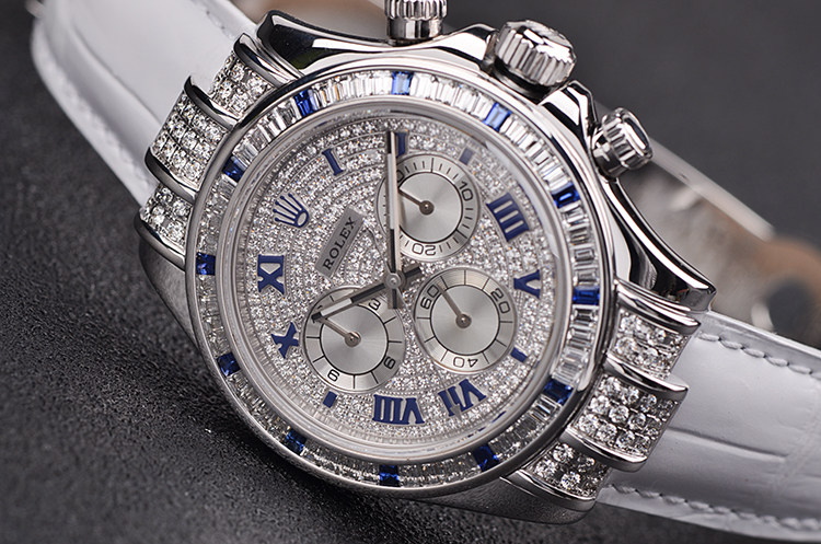 【97新】劳力士迪通拿白金镶钻及蓝宝石计时折叠扣皮带男表116519