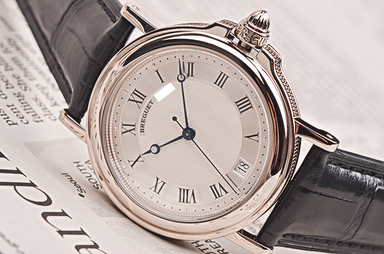 已售出【98新】宝玑航海白金大三针日历自动机械皮带男表3400BB/12/996