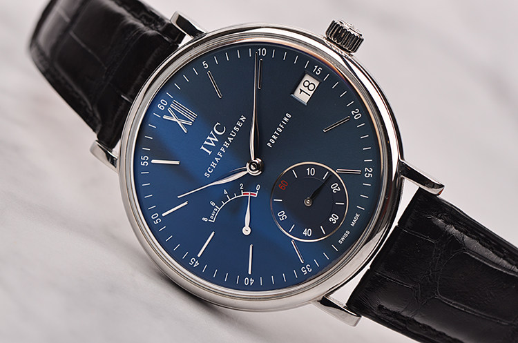 已售出【98新】万国柏涛菲诺蓝面动显日历8天链男表iw510106有保卡发票