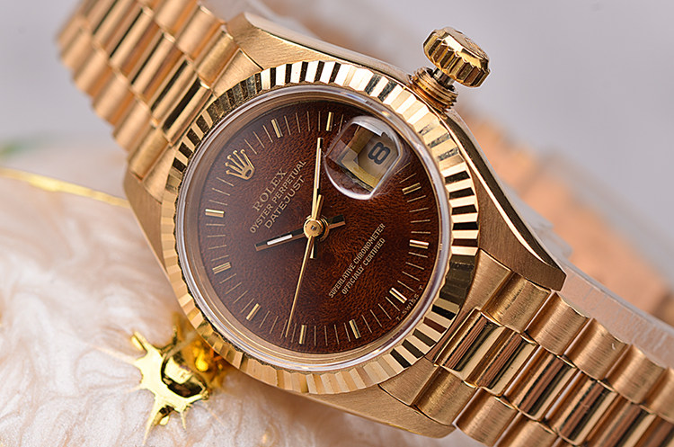 已售出【97新】劳力士女装日志型全黄金木纹石面自动机械女表69178