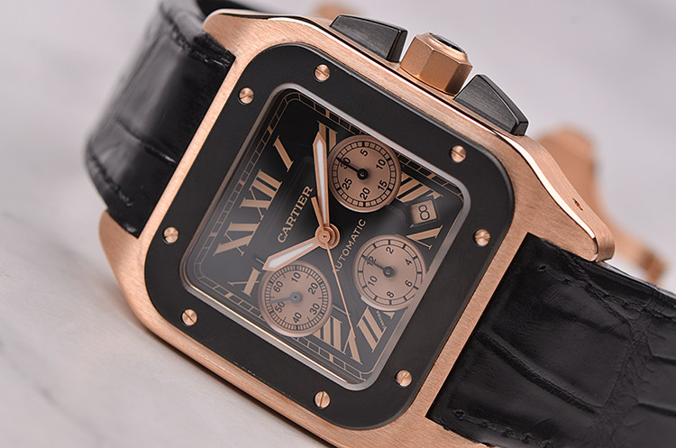 已售出【98新】卡地亚玫瑰金山度士100计时最大号自动机械男表W2020003