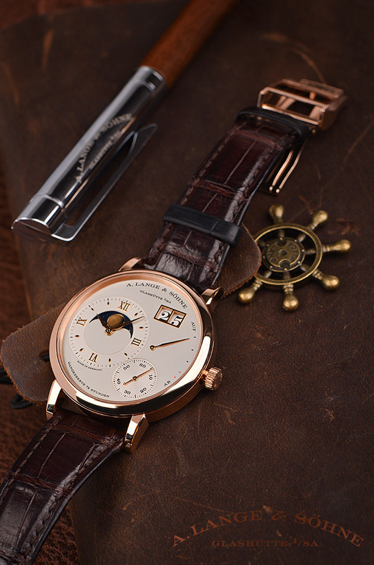 已售出【98新】朗格1玫瑰金偏心大日历动显月相3日链皮带男表139.032