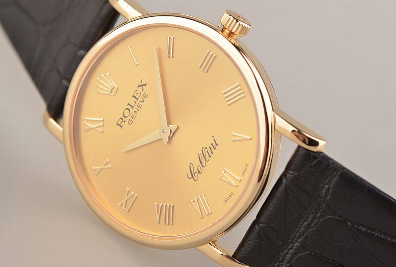 已售出【97新】劳力士切里尼黄金罗马字刻度金盘两针手上链皮带女表5115