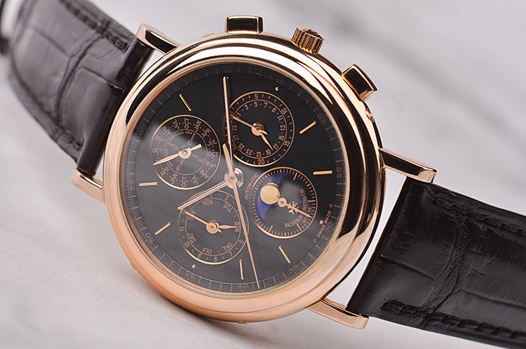 已售出【98新】江诗丹顿传承玫瑰金万年历月相自动皮带男表49005/000R