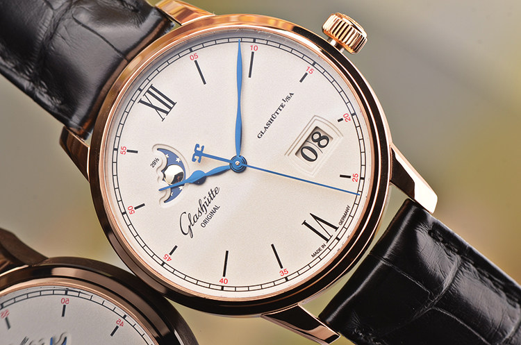 【97新】格拉苏蒂玫瑰金大日历月相自动机械男表100-04-32-15-04