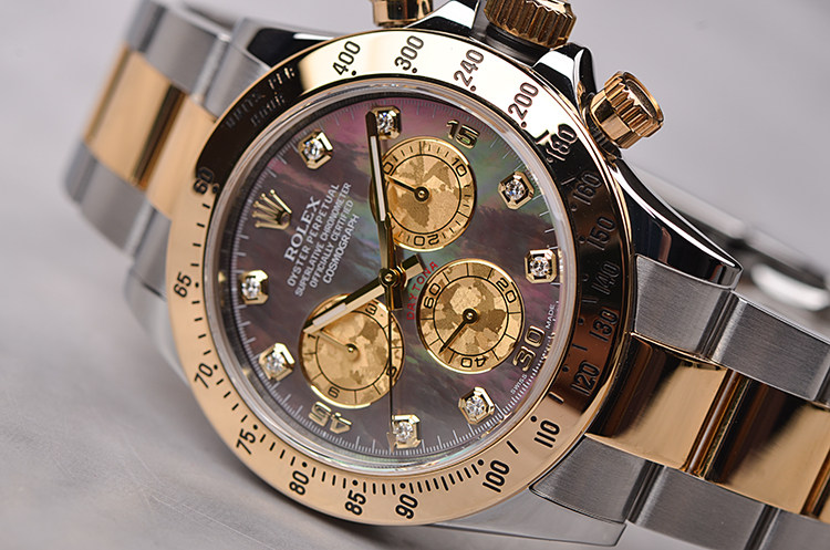 已售出【98新】劳力士迪通拿黄金钢黑贝母盘刻度钻计时男表116523盒证齐