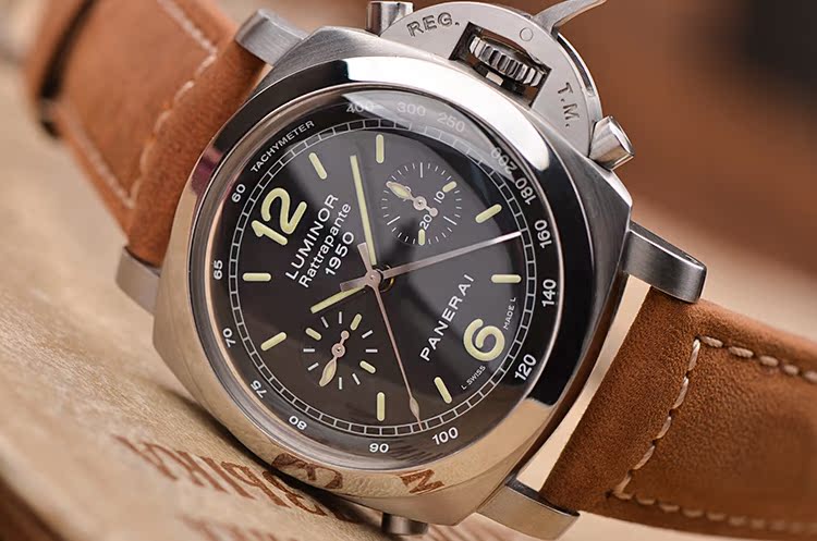 已售出【97新】沛纳海Luminor 1950双追针计时自动机械胶带男表pam00213