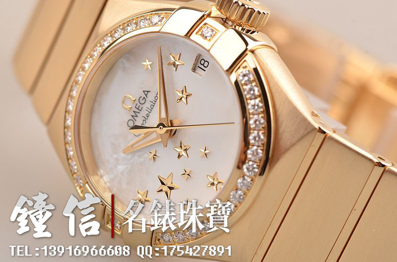 已售出【98新】欧米茄星座全黄金镶钻自动机械女表123.55.27.20.05.001