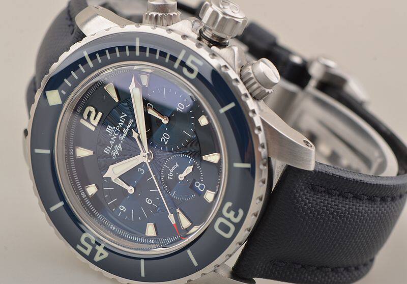 已售出【97新】宝珀五十噚蓝盘飞返计时日历折叠扣5085FB-1140-52B全套